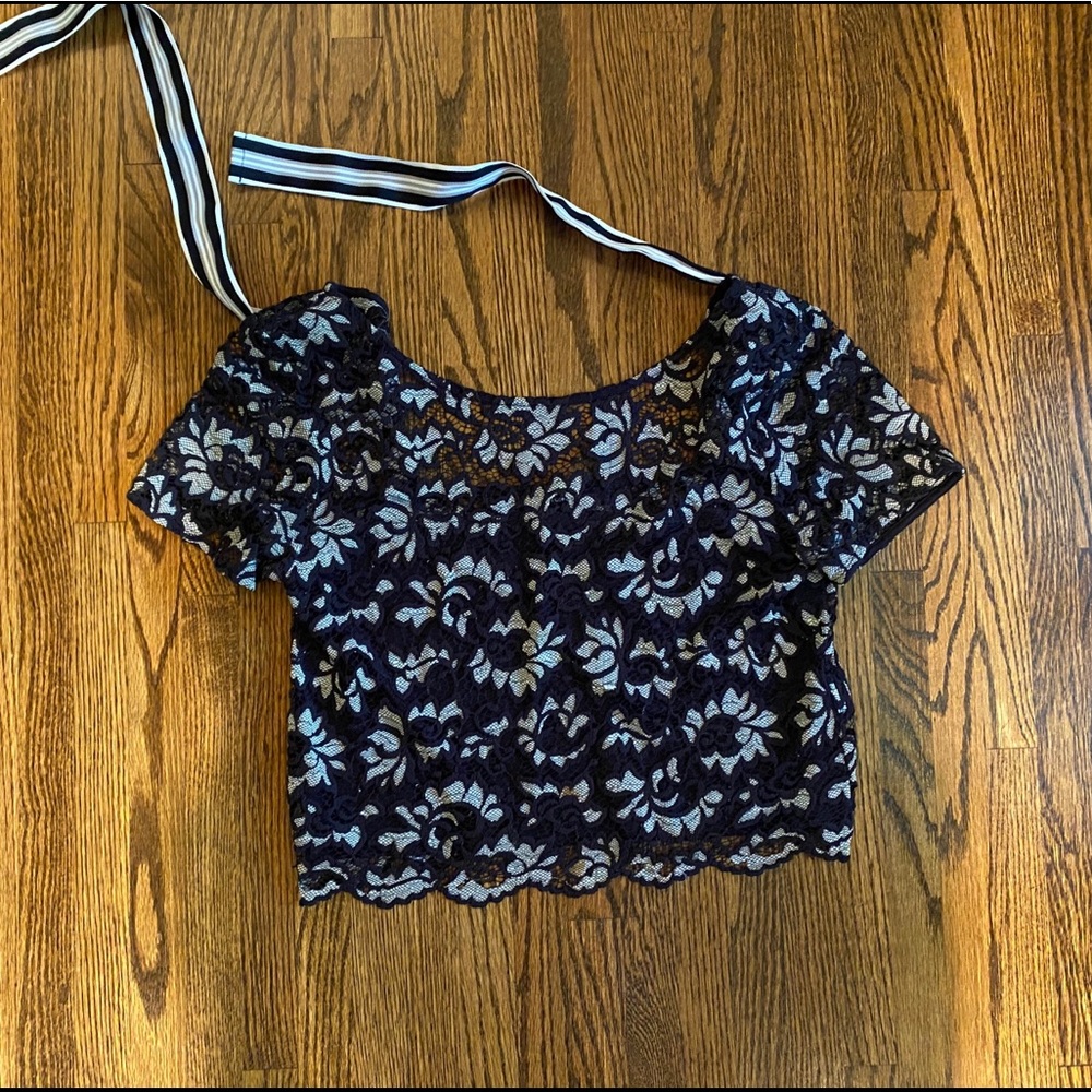 French Connection Navy Lace/Crochet Cropped Top